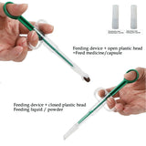 Green pet pill feeder syringe with open and closed soft plastic tips held by hands – feeding device for medicine capsules or liquid for dogs and cats