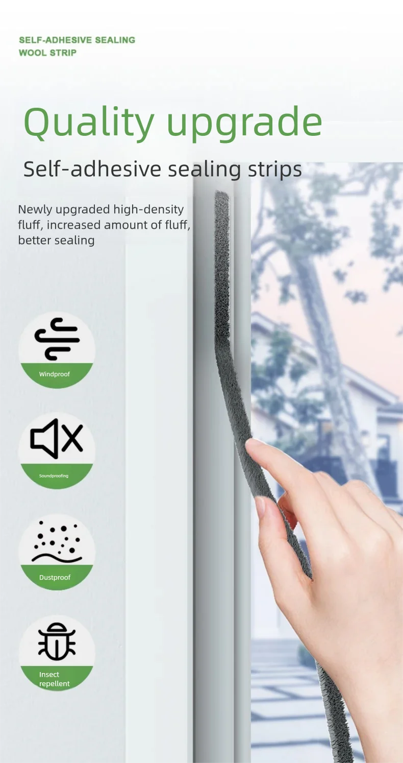 Self-adhesive sealing strip with a hand holding it, against a blurred window background.