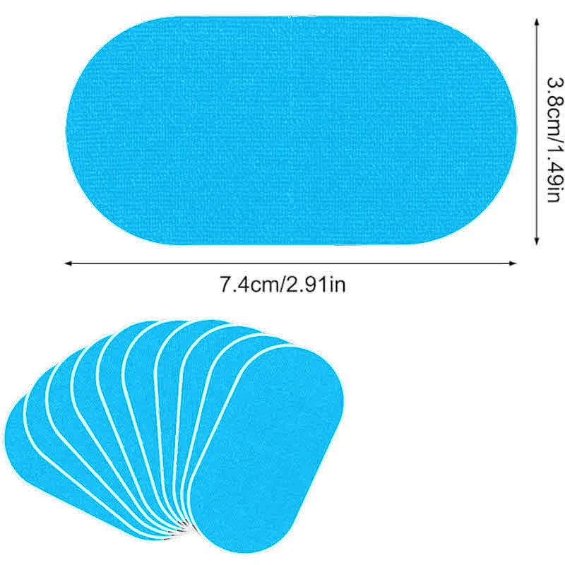 Blue oval anti-snoring mouth tape strips with dimension labels