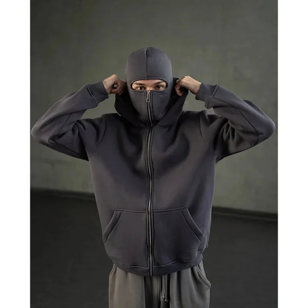 Men's Balaclava Zip Hoodie with Face Mask Winter Warm Zipper Sweatshirt Oversized Hooded Sports Jacket for Outdoor Activities