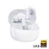 White wireless earbuds with charging case on a white background, featuring LDAC and Hi-Res Audio logos.