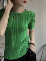 Women's pleated short sleeve blouse, O-neck casual top in white