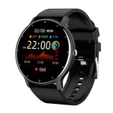 Black smartwatch with digital display on white background