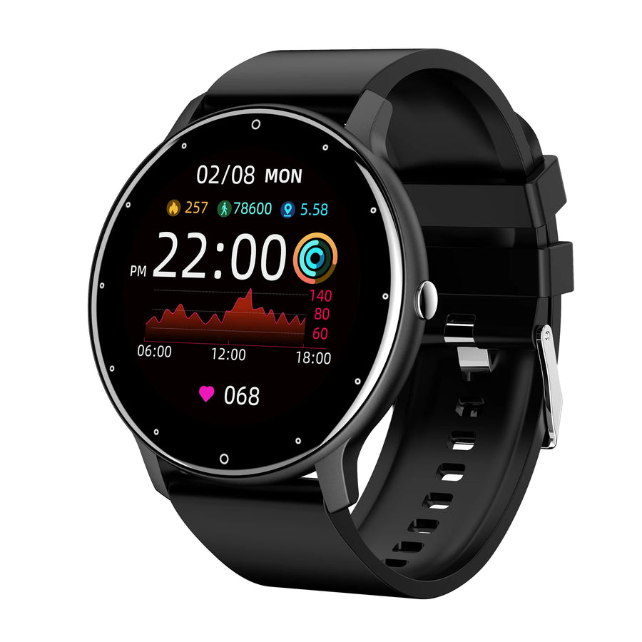 Black smartwatch with digital display on white background