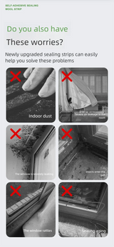 Advertisement showing images of window issues with red 'X' marks, accompanied by text about sealing strip solutions.
