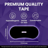 Premium quality mouth tape infographic — hypoallergenic, gentle on skin, comfortable sleep strips, 1.5 x 3 inches