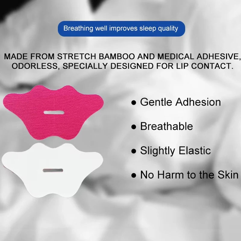 Mouth Tape for Sleeping - lip patch with text about its properties and benefits on blurred background