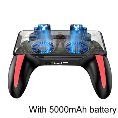 Gaming controller with cooling fans and 5000mAh battery indicator on a white background