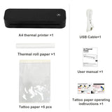 A4 thermal printer with accessories on a white background — portable wireless Bluetooth inkless mini printer