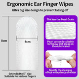 Ergonomic pet ear cleaning finger wipes for dogs and cats with features highlighted on a gray background