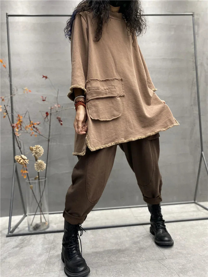 Womens plus size long sleeve top in light coffee, oversized loose fit t-shirt with brown pants and black boots