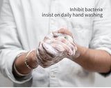 Person washing hands with soap and water, with text 'Inhibit bacteria insist on daily hand washing'.