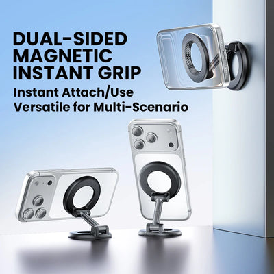 Dual-Ring MagSafe Phone Stand – Metal Tri-Fold, Double-Sided Strong Magnetic Holder