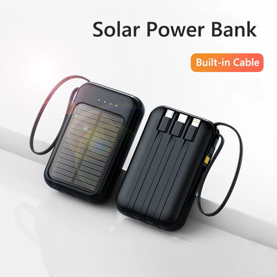 50000mAh Solar Power Bank – Built-in Cables, Dual USB Ports, Portable Charger for Phones