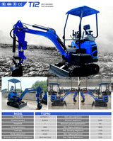 1.8 ton mini excavator – blue T12 model composite graphic with multiple photos