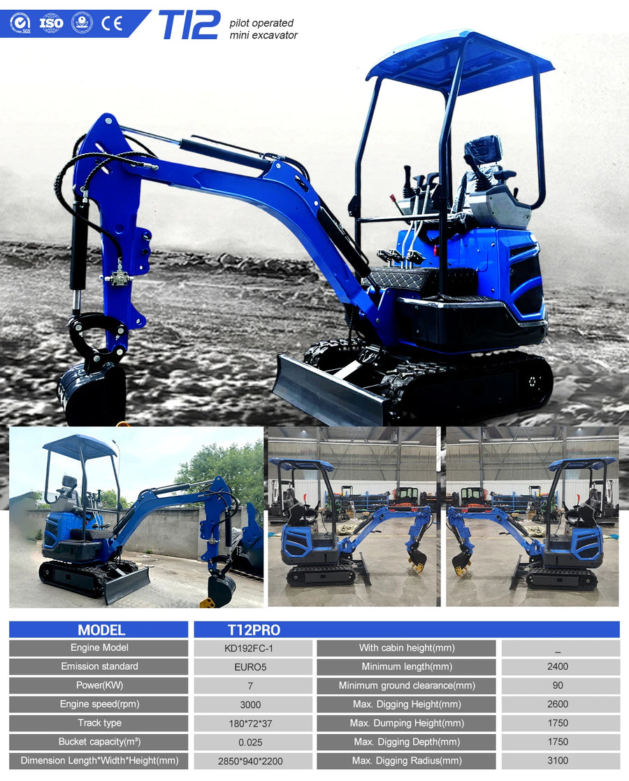 1.8 ton mini excavator – blue T12 model composite graphic with multiple photos