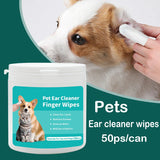 Pet ear cleaner finger wipes with a dog having its ears cleaned and product packaging on a green background