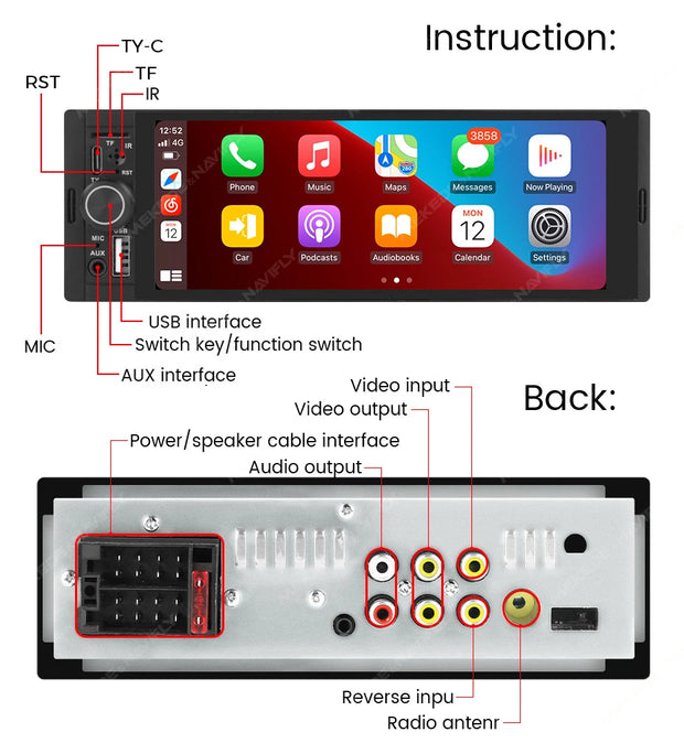 NaviFly 6.86" Touch Screen 1 Din Car Stereo Multimedia Player Wireless CarPlay Android Auto Universal 1DIN MP5 Player FM Radio