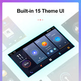 Car touchscreen display interface with built-in 15 theme UI options on a light blue background