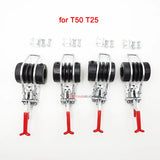 Four DJI Agras spray drone transport fixing clips with black rubber rollers, silver metal brackets and red handles arranged in a row on white background