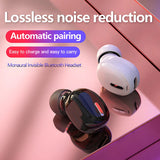 Two wireless earbuds with text highlighting features on a pink background