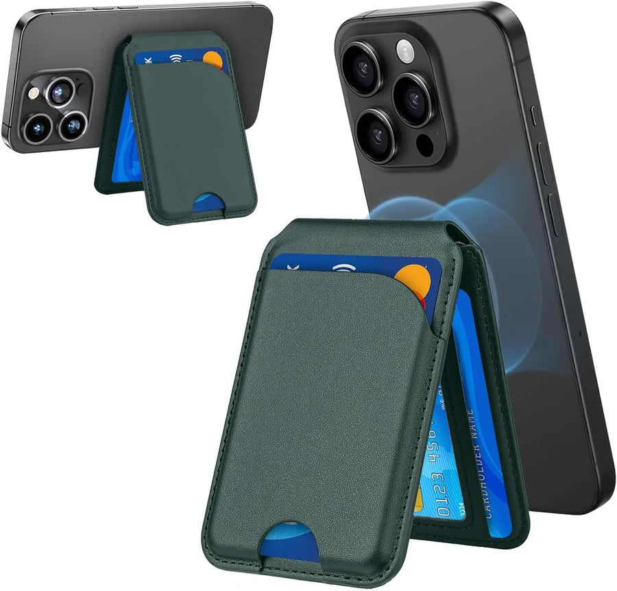 Phone case with card holder attached to a smartphone on a white background