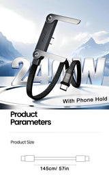 240W Type-C fast charging cable – product parameters graphic showing cable with phone holder and 145cm size