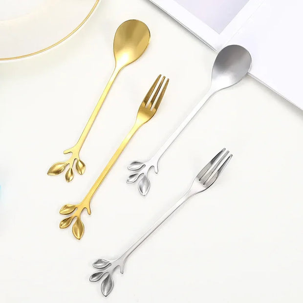 Christmas Gifts, Kitchen Accessories, Tableware Decoration, 5pcs Spoon, Fork, Coffee Spoon, Stainless Steel, Branch Leaves