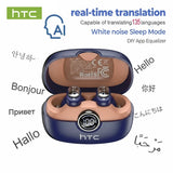 Navy HTC NE79 earbuds in charging case with real-time translation 135 languages feature graphic