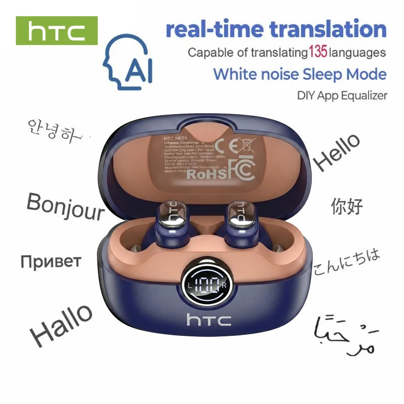 Navy HTC NE79 earbuds in charging case with real-time translation 135 languages feature graphic