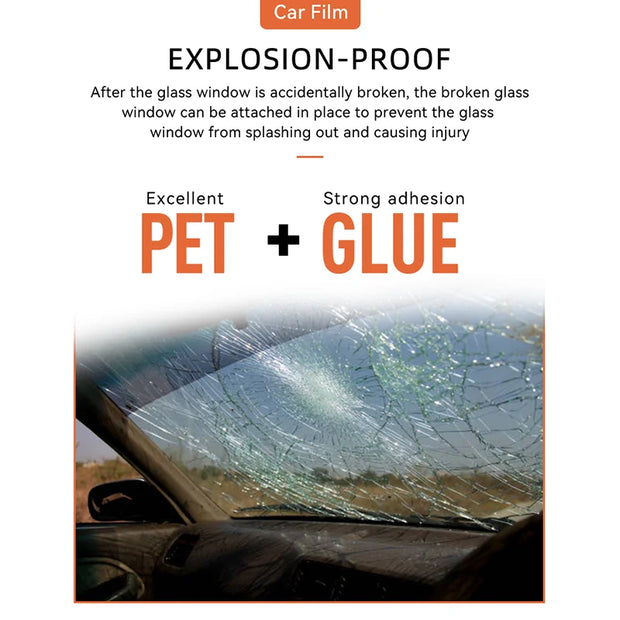 Explosion-proof car film helps secure broken windows with strong adhesion, enhancing passenger safety and preventing injury.