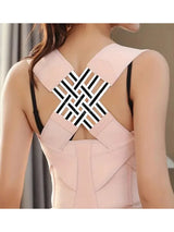 Woman wearing pink posture corrector back brace with crisscross lattice strap design, back view