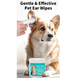 Dog having its ears cleaned with pet ear cleaner finger wipes, container of ear cleaning wipes on a white background
