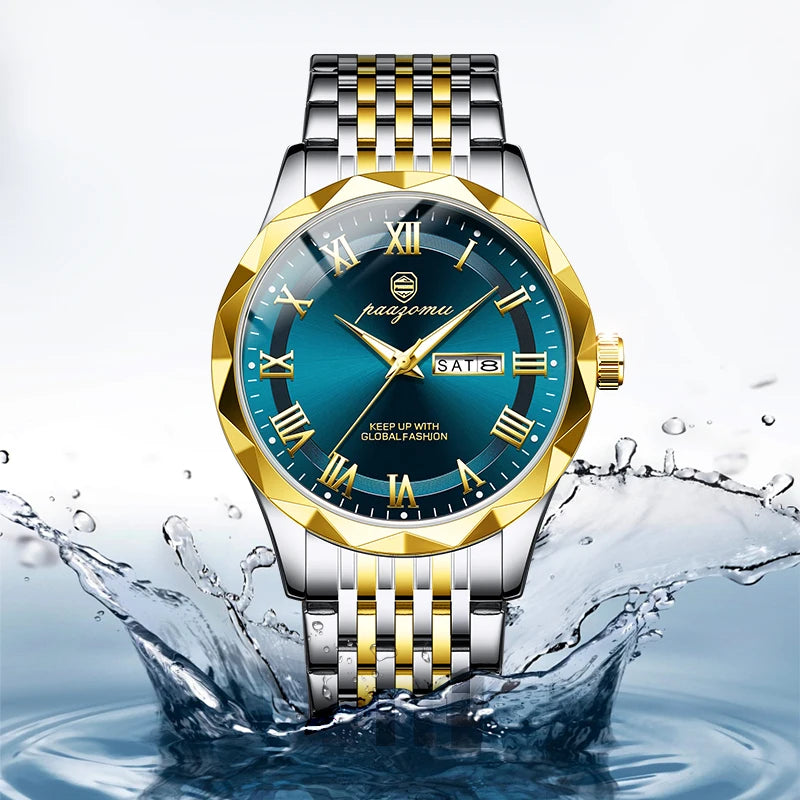 Men's minimalist quartz leisure watch – luxury watch with blue dial and gold accents, water splash on light gray background