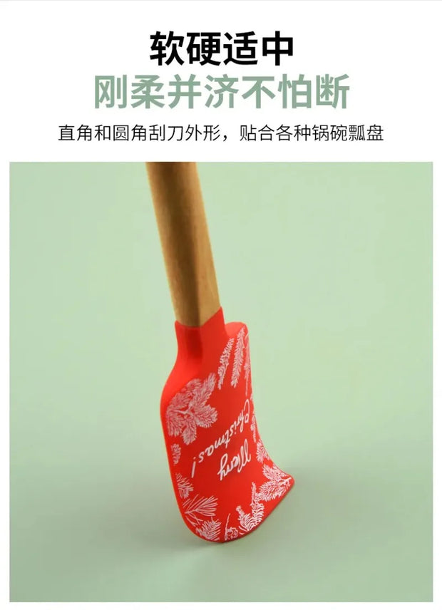 Christmas Themed Wooden Handle Pastry Batter Mixing Scraper Cake Cream Silicone Spatula Baking Decorating Tools Kitchen Utensils