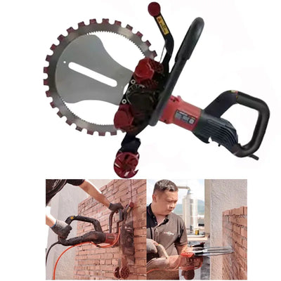6000W brushless electric concrete ring saw – red and black handheld wall cutter with large blade, shown cutting brick walls