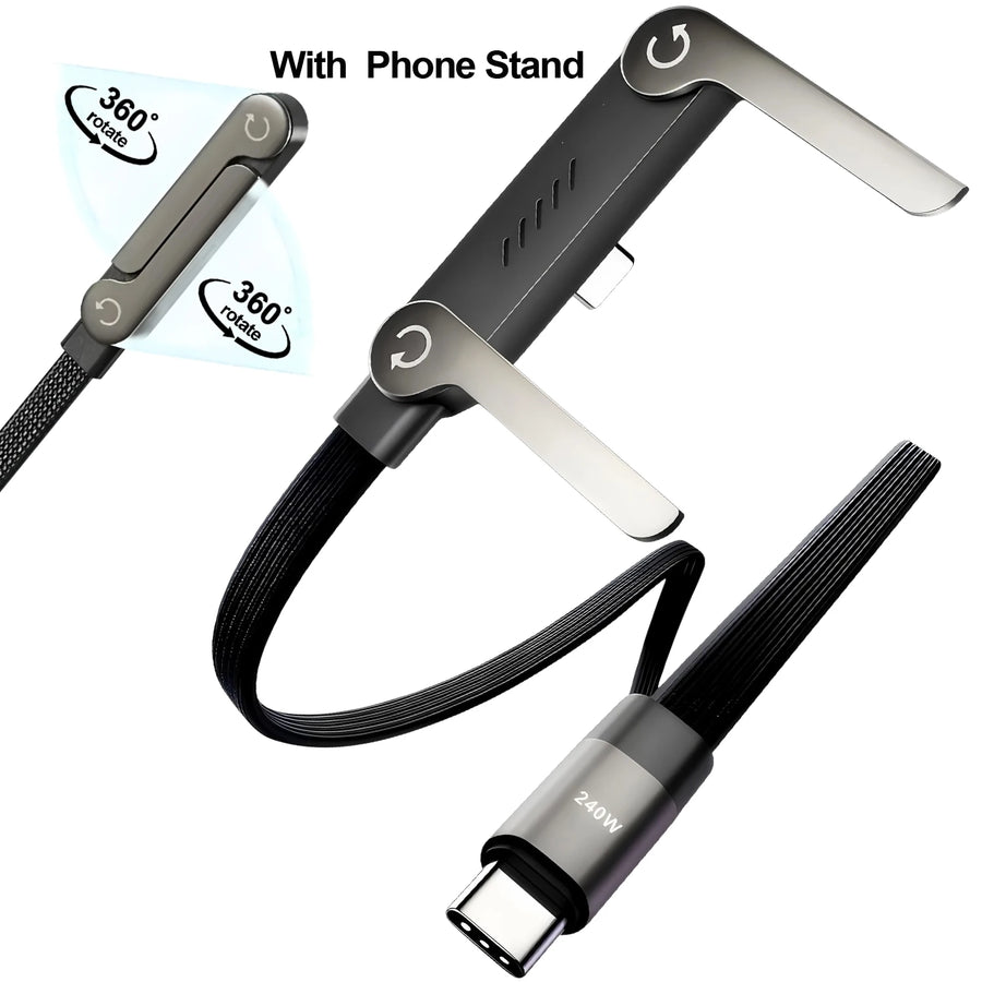 240W 2-in-1 Braided Type-C Cable with Foldable Stand – for Phones & Laptops
