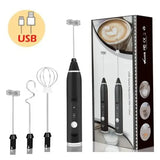 Handheld USB rechargeable milk frother with three stainless steel whisk attachments and retail box