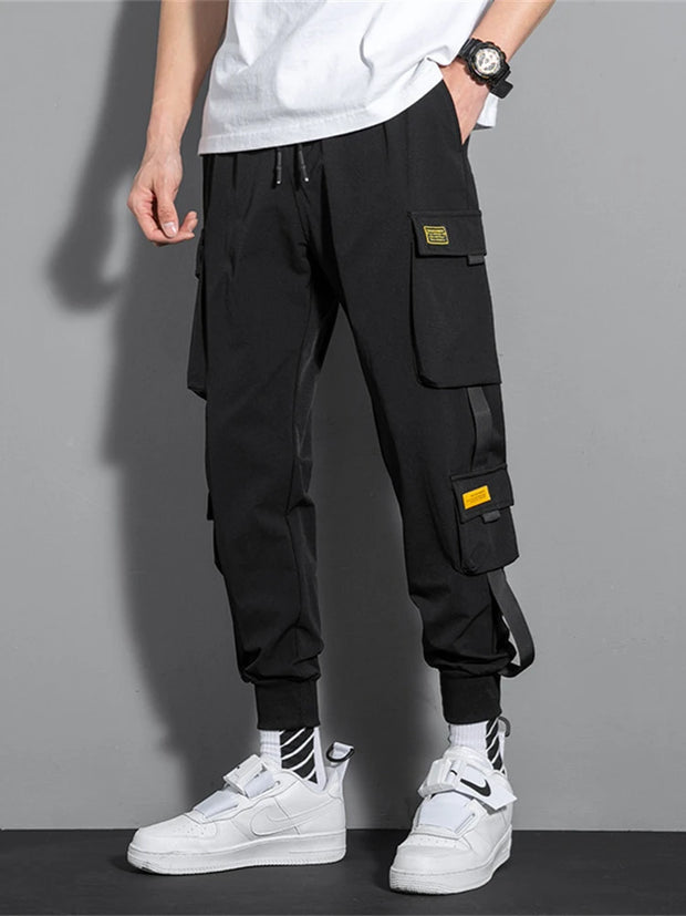 Joggers Cargo Pants for Men Casual Hip Hop Hit Color Pocket Male Trousers Sweatpants Streetwear Ribbons Techwear Pants