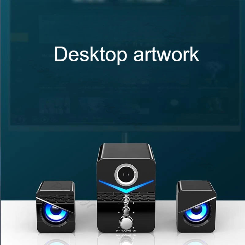 Wired desktop speakers with built-in microphone and vibrant lighting for enhanced audio experience.