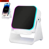 White multi-device charging stand with smartphone, smartwatch, and phone case on a white background.