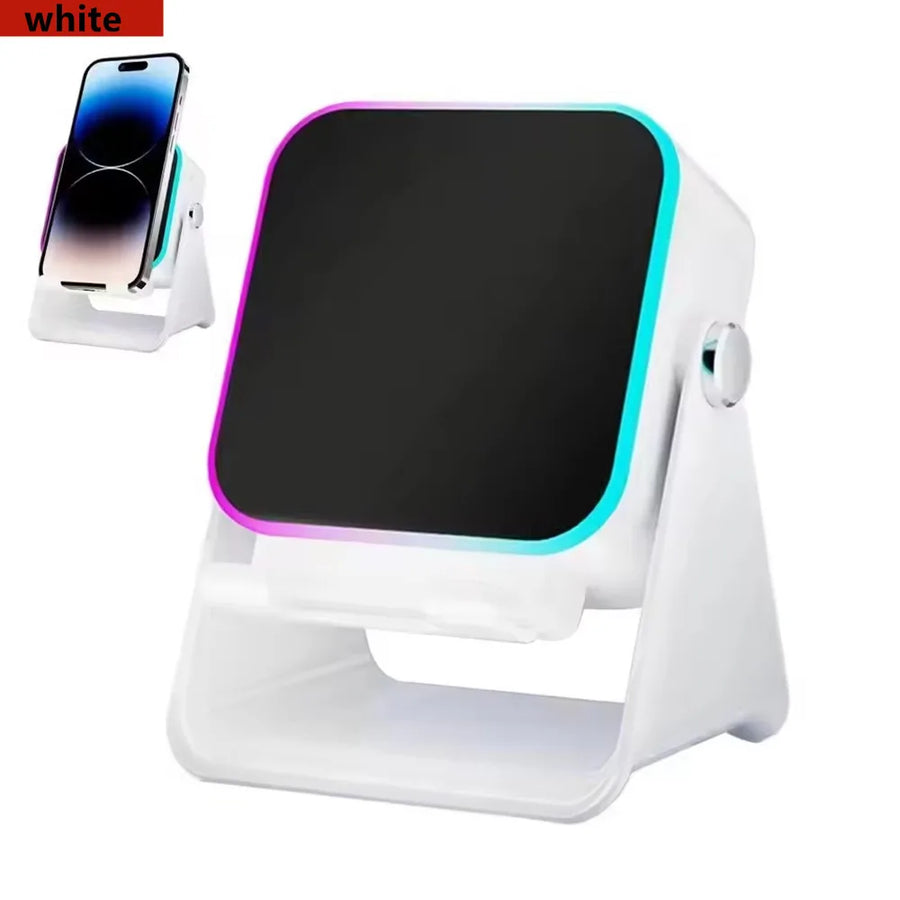 White multi-device charging stand with smartphone, smartwatch, and phone case on a white background.