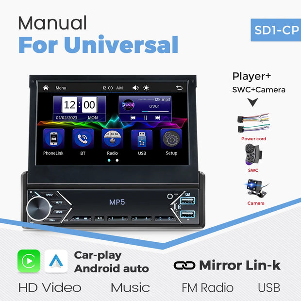 New Carplay Android Auto 1Din 7'' Retractable Universal Car Stereo Radio TouchScreen MP5 Player Intelligent Vehicle System BT FM