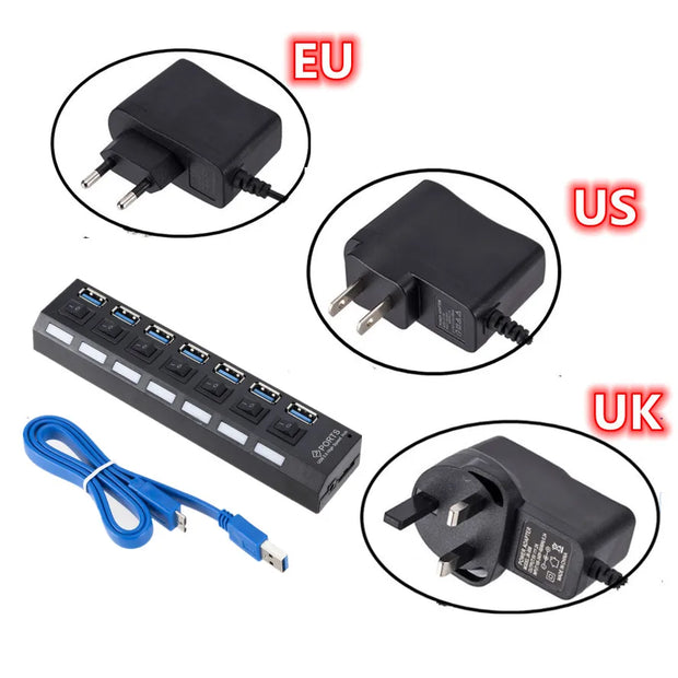 GRWIBEOU USB 3.0 Hub USB Hub 3.0 Use Power Adapter Multi USB Splitter 7 Port Multiple 3 Hab Expander USB Hub with Switch for PC