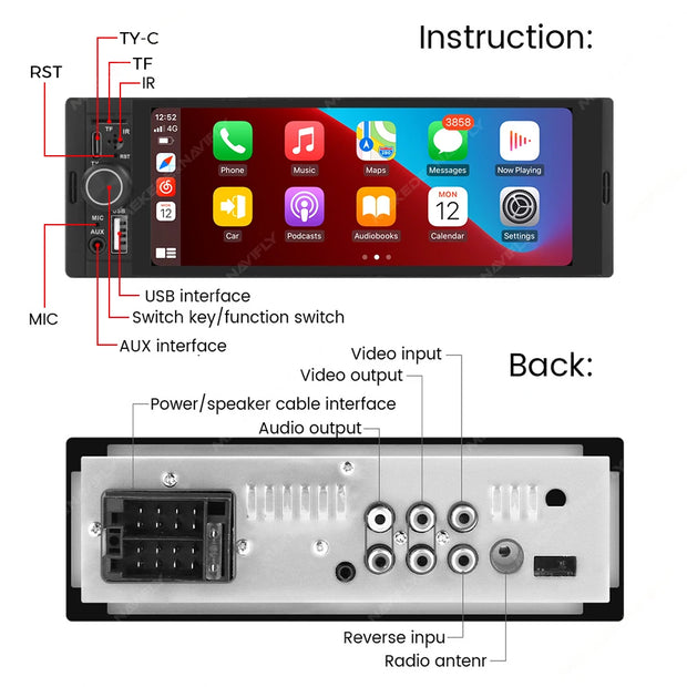 NaviFly 6.86" Touch Screen 1 Din Car Stereo Multimedia Player Wireless CarPlay Android Auto Universal 1DIN MP5 Player FM Radio