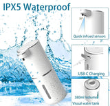 White handheld device with water splashes and features highlighted, including IPX5 waterproof rating.