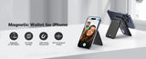 Magnetic wallet for iPhone with phone and stand on a white surface