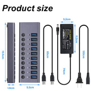 10 Ports USB 3.0 HUB Charging 5Gbps Data Transfer External Splitter Docking Station Power 60W LED Light Switch Convert Adapter