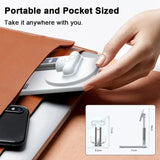 Hand placing a folded white MagSafe phone stand into a brown leather pouch, with dimension diagram inset.