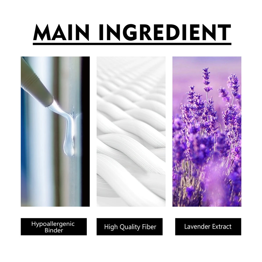 Three images showing hypoallergenic binder, high-quality fiber and lavender extract of the mouth tape